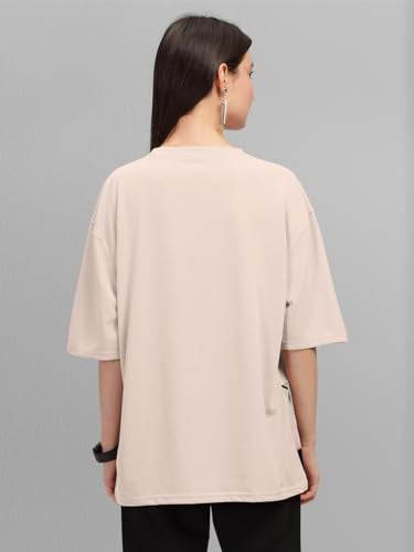 HELLCAT Beige Trendy Printed Oversized T-Shirt for Women