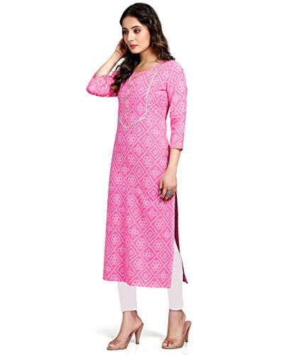 Rajnandini Women's Pure Cotton Straight Fit Casual Cambric Jaipuri Bandhani Printed Kurti (JOPLJPR57-P)