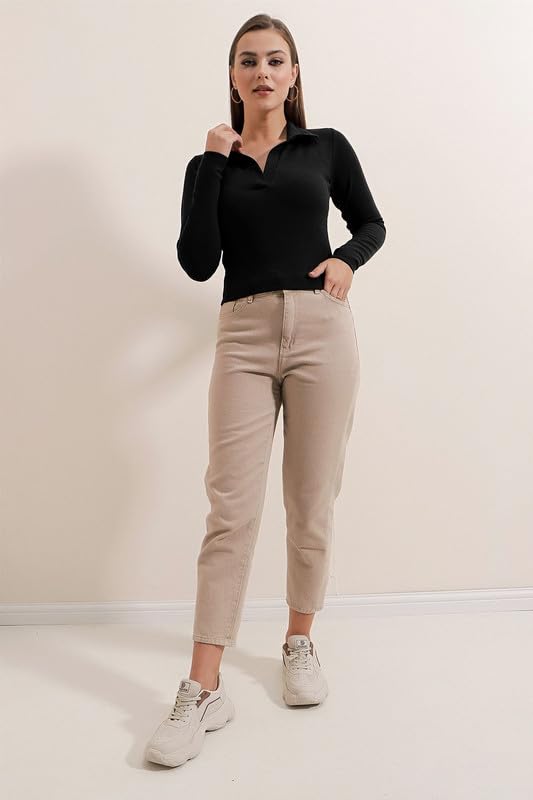 Dream Beauty Fashion Women's Collared Neck Long Sleeve Slim Fit Casual Tee Top, 23" inches (Apple-01-P)
