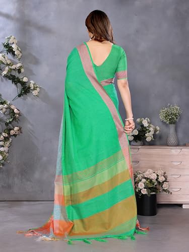 Sidhidata Women's Cotton Blend Saree With Tassels & Unstitched Blouse Piece (Multi Line_Free Size)