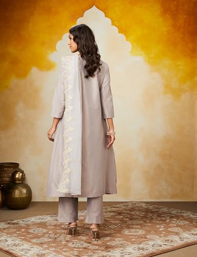 Amazon Brand - Myx Women's Kurta Pant Set with Embroidered Organza Dupatta | Viscose,Rayon | A-line fit