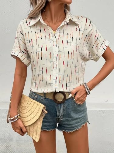 Gufrina Women’s Short Sleeve Button Down Shirt with Abstract Brushstroke Print in Beige and Multicolor - Lightweight Casual Summer Top for Relaxed Fit
