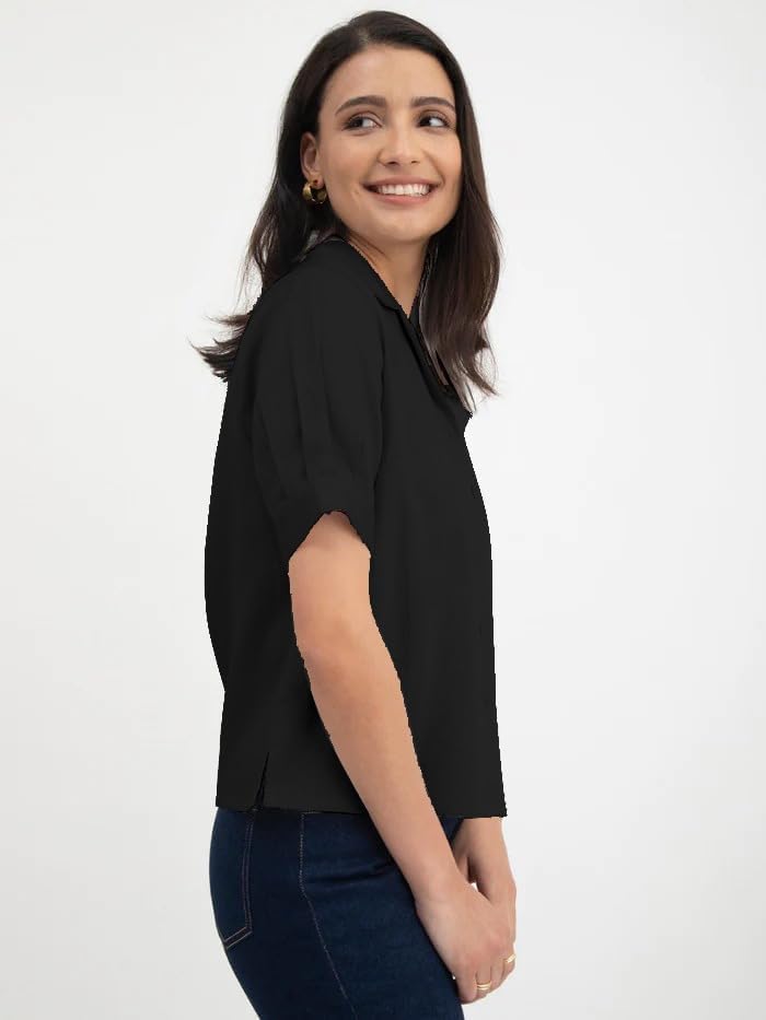 Mirana Women Solid Grey Regular Shirt with Lapel Collar and Half Sleeves with Cuffed Pattern