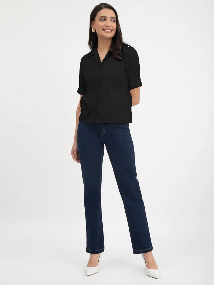 Mirana Women Solid Grey Regular Shirt with Lapel Collar and Half Sleeves with Cuffed Pattern