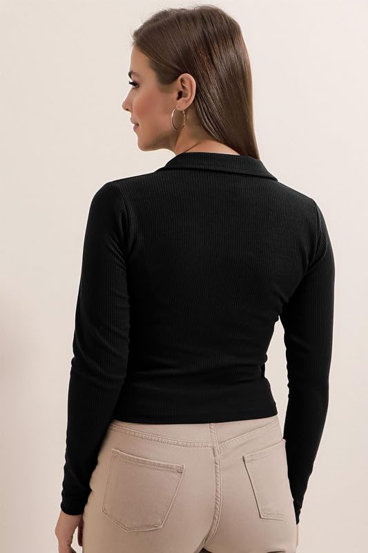 Dream Beauty Fashion Women's Collared Neck Long Sleeve Slim Fit Casual Tee Top, 23" inches (Apple-01-P)