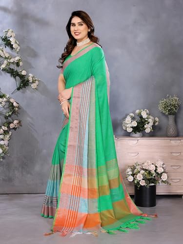 Sidhidata Women's Cotton Blend Saree With Tassels & Unstitched Blouse Piece (Multi Line_Free Size)