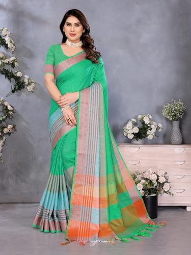 Sidhidata Women's Cotton Blend Saree With Tassels & Unstitched Blouse Piece (Multi Line_Free Size)