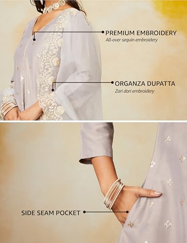 Amazon Brand - Myx Women's Kurta Pant Set with Embroidered Organza Dupatta | Viscose,Rayon | A-line fit