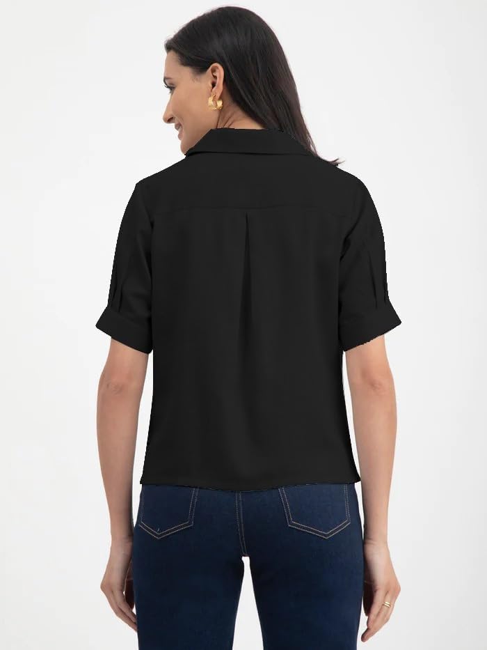 Mirana Women Solid Grey Regular Shirt with Lapel Collar and Half Sleeves with Cuffed Pattern