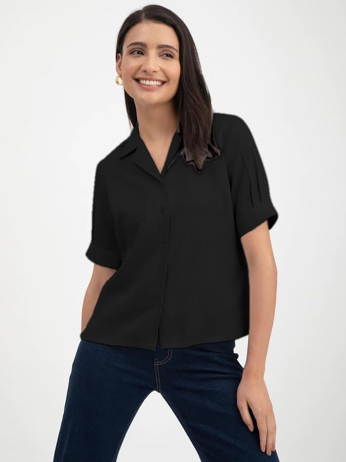 Mirana Women Solid Grey Regular Shirt with Lapel Collar and Half Sleeves with Cuffed Pattern