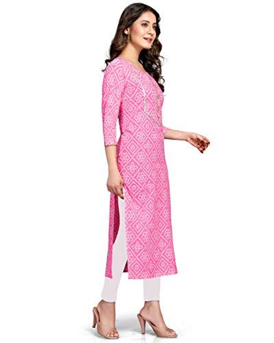 Rajnandini Women's Pure Cotton Straight Fit Casual Cambric Jaipuri Bandhani Printed Kurti (JOPLJPR57-P)
