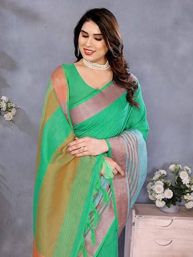 Sidhidata Women's Cotton Blend Saree With Tassels & Unstitched Blouse Piece (Multi Line_Free Size)