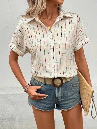 Gufrina Women’s Short Sleeve Button Down Shirt with Abstract Brushstroke Print in Beige and Multicolor - Lightweight Casual Summer Top for Relaxed Fit