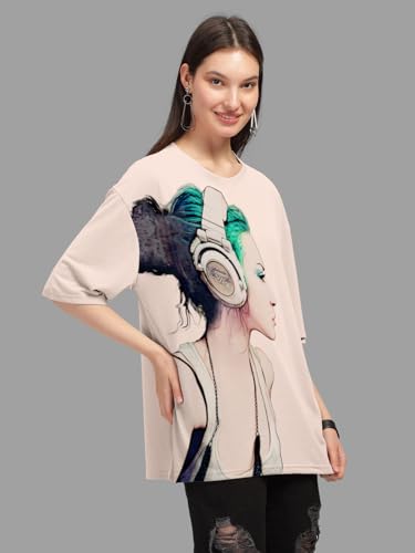HELLCAT Beige Trendy Printed Oversized T-Shirt for Women