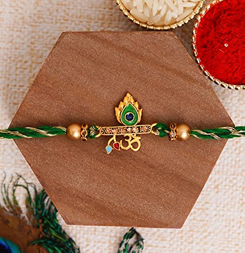 eCraftIndia Green & Golden Om & Peacock Feather Religious Designer Rakhi with Roli Chawal Pack and Best Bro Ever Fridge Magnet - Rakhi for Brother, Bhaiya, Bhai