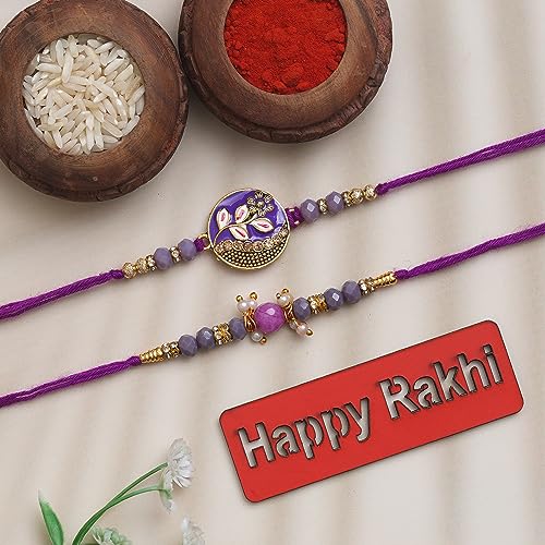 eCraftIndia Set of 2 Purple Floral & Pearl Designer Rakhis with Roli Chawal Pack and Best Bro Ever Fridge Magnet - Rakhi for Brother, Bhaiya, Bhai