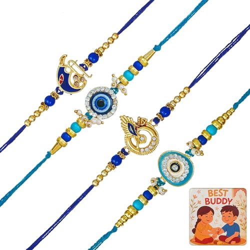 Perpetual Handcrafted Design Evil Eye Rakhi For Brother And Bhabhi, Rakhi For Bhai, Kids Pack Of 4 With Fridge Magnet Best Gift Hamper -04A