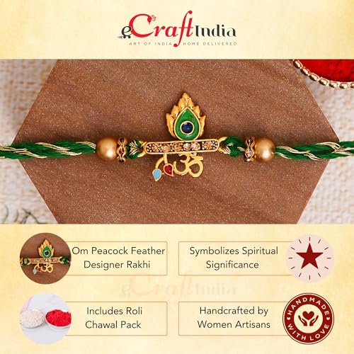 eCraftIndia Green & Golden Om & Peacock Feather Religious Designer Rakhi with Roli Chawal Pack and Best Bro Ever Fridge Magnet - Rakhi for Brother, Bhaiya, Bhai
