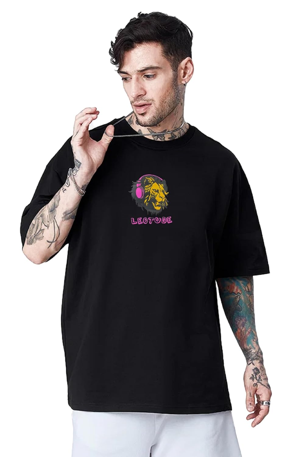 LEOTUDE Men's Cotton Oversized Fit Oversized Tshirt Drop Shoulder ful Printed Combos (Pack of 3)