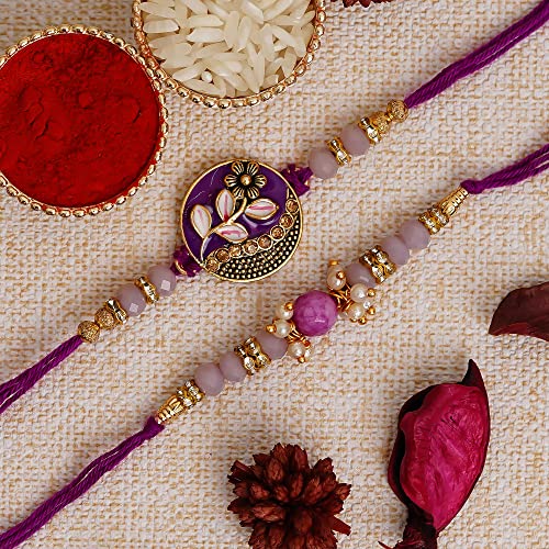 eCraftIndia Set of 2 Purple Floral & Pearl Designer Rakhis with Roli Chawal Pack and Best Bro Ever Fridge Magnet - Rakhi for Brother, Bhaiya, Bhai