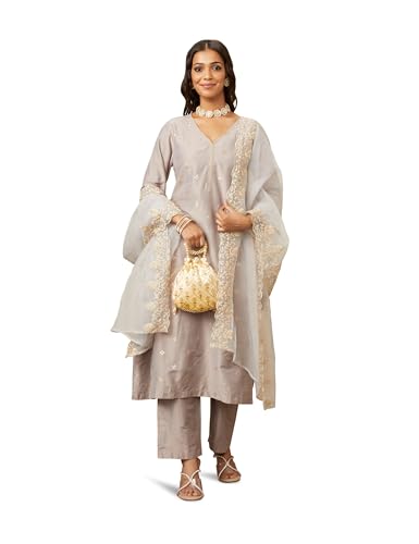 Amazon Brand - Myx Women's Kurta Pant Set with Embroidered Organza Dupatta | Viscose,Rayon | A-line fit