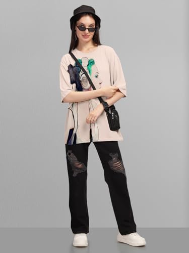 HELLCAT Beige Trendy Printed Oversized T-Shirt for Women