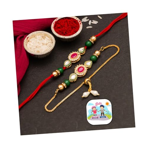 CraftVatika Rakhi Set for Brother and Bhabhi, Lumba Floral Rakhi Kundan Bracelet Rakhis for Bhaiya Bhabhi Raksha bandhan Couple Pearl Rakhis Set of 2 with Fridge Magnet Gift