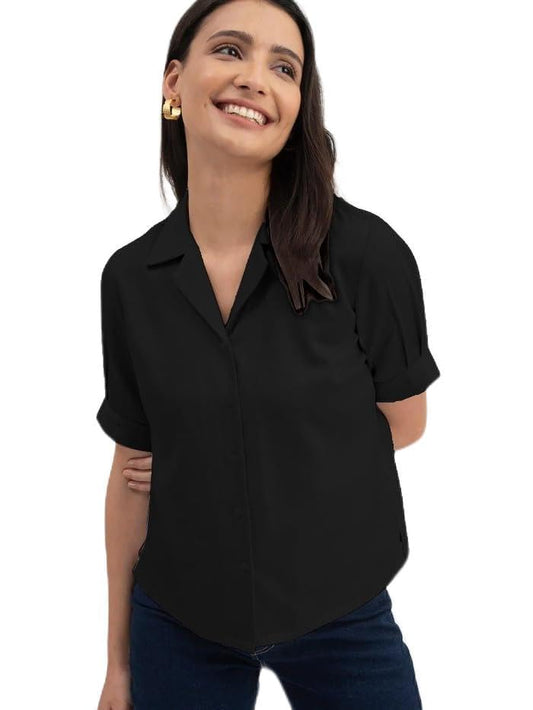 Mirana Women Solid Grey Regular Shirt with Lapel Collar and Half Sleeves with Cuffed Pattern