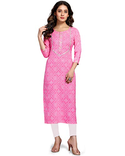 Rajnandini Women's Pure Cotton Straight Fit Casual Cambric Jaipuri Bandhani Printed Kurti (JOPLJPR57-P)