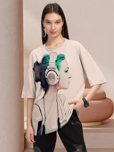 HELLCAT Beige Trendy Printed Oversized T-Shirt for Women