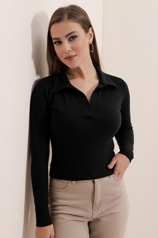 Dream Beauty Fashion Women's Collared Neck Long Sleeve Slim Fit Casual Tee Top, 23" inches (Apple-01-P)