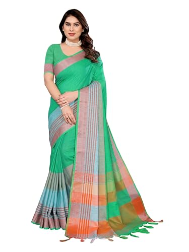Sidhidata Women's Cotton Blend Saree With Tassels & Unstitched Blouse Piece (Multi Line_Free Size)