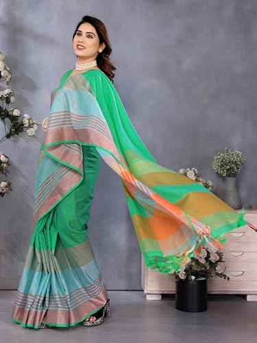 Sidhidata Women's Cotton Blend Saree With Tassels & Unstitched Blouse Piece (Multi Line_Free Size)