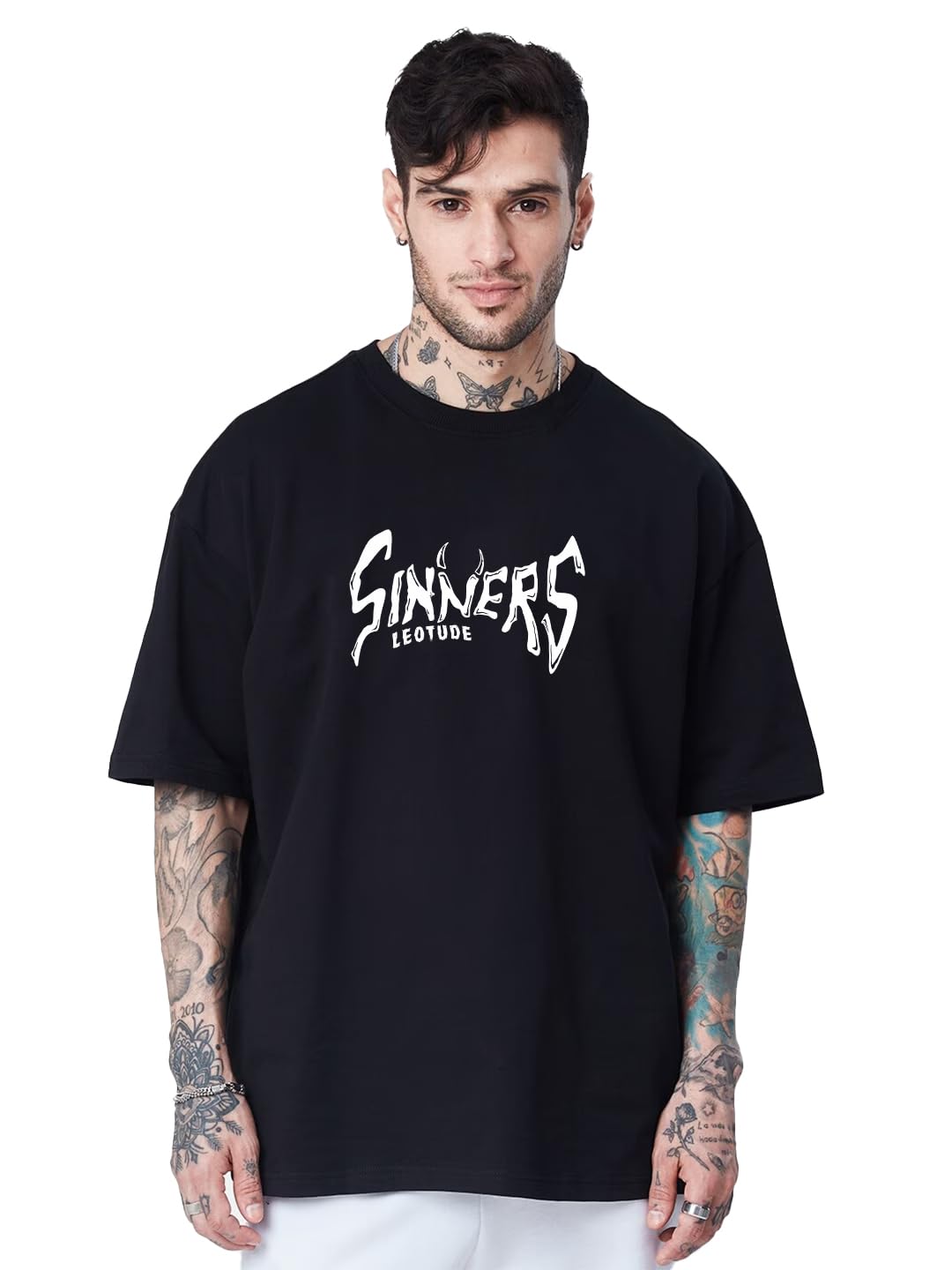 LEOTUDE Men's Cotton Oversized Fit Oversized Tshirt Drop Shoulder ful Printed Combos (Pack of 3)
