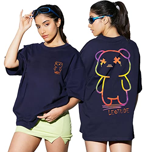LEOTUDE Women's Oversized Round Neck Cottonblend T-Shirts (Color : Multi)