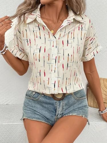 Gufrina Women’s Short Sleeve Button Down Shirt with Abstract Brushstroke Print in Beige and Multicolor - Lightweight Casual Summer Top for Relaxed Fit