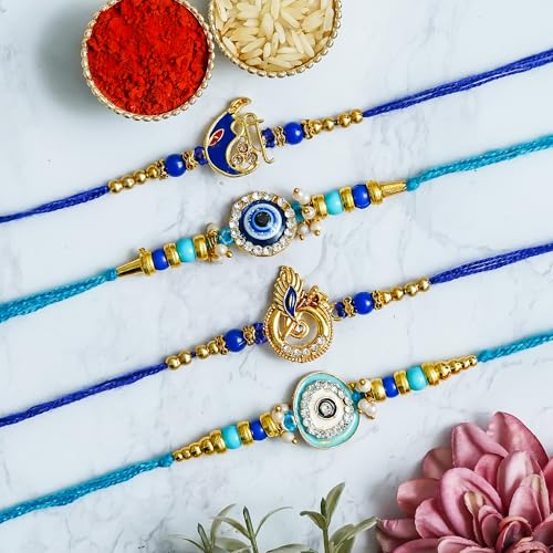 Perpetual Handcrafted Design Evil Eye Rakhi For Brother And Bhabhi, Rakhi For Bhai, Kids Pack Of 4 With Fridge Magnet Best Gift Hamper -04A