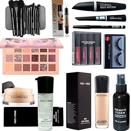 SHISHI HD Waterproof Makeup Kit Combo For Women & Girls (Set of 15) Eyeshadow Pallet, Makeup Brush set of 12, Kajal, 3in1, Eyelashes, Red edition, Foundation, Primer, Loose Powder, Makeup Fixer
