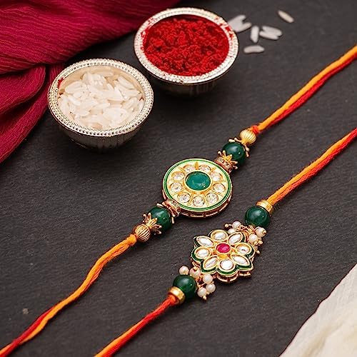 CraftVatika Rakhi for Brother Set of 2 with Fridge Magnet Gift Floral Kundan Rakhis for Bhaiya Bhai Boy Men Raksha Bandhan Designer rakhi Meenakari Rakhi, Raki with Fridge Magnet Gift