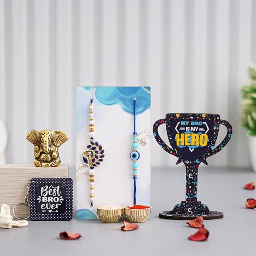 Dreamica Rakhi for Brother, Designer Rakhi With Lord Ganesha Idol, Keychain, Greeting Card And Tilak Set Combo | Best Rakhi Gift for Brother | Best Rakhi For brother with Gift