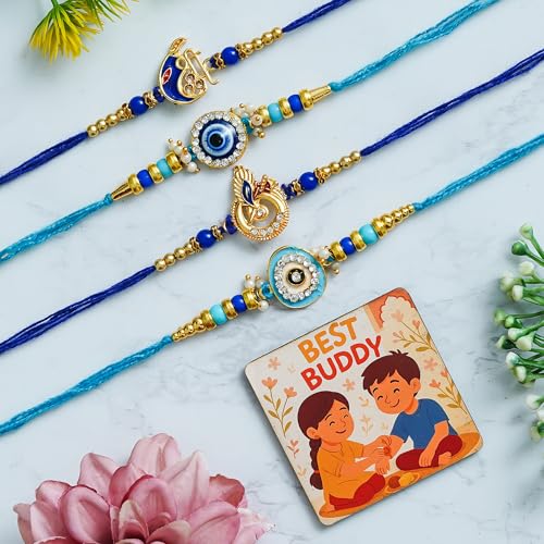 Perpetual Handcrafted Design Evil Eye Rakhi For Brother And Bhabhi, Rakhi For Bhai, Kids Pack Of 4 With Fridge Magnet Best Gift Hamper -04A