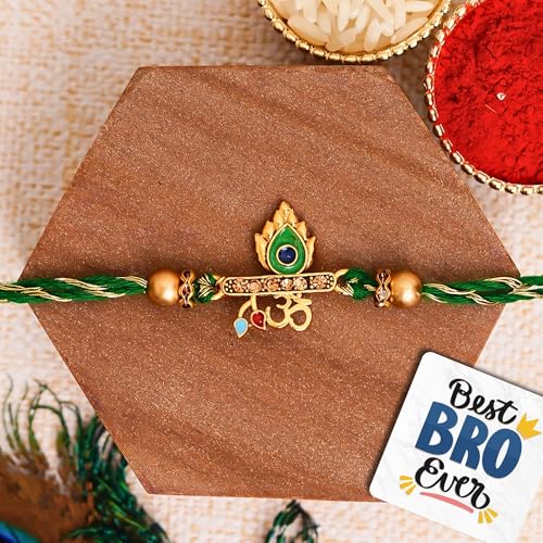 eCraftIndia Green & Golden Om & Peacock Feather Religious Designer Rakhi with Roli Chawal Pack and Best Bro Ever Fridge Magnet - Rakhi for Brother, Bhaiya, Bhai