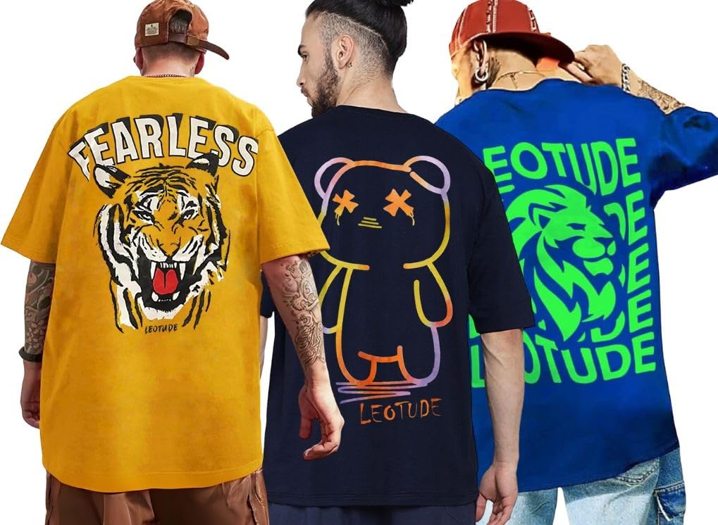 LEOTUDE Men's Cotton Oversized Fit Oversized Tshirt Drop Shoulder ful Printed Combos (Pack of 3)