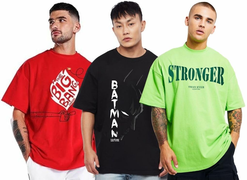 LEOTUDE Men's Cotton Oversized Fit Oversized Tshirt Drop Shoulder ful Printed Combos (Pack of 3)