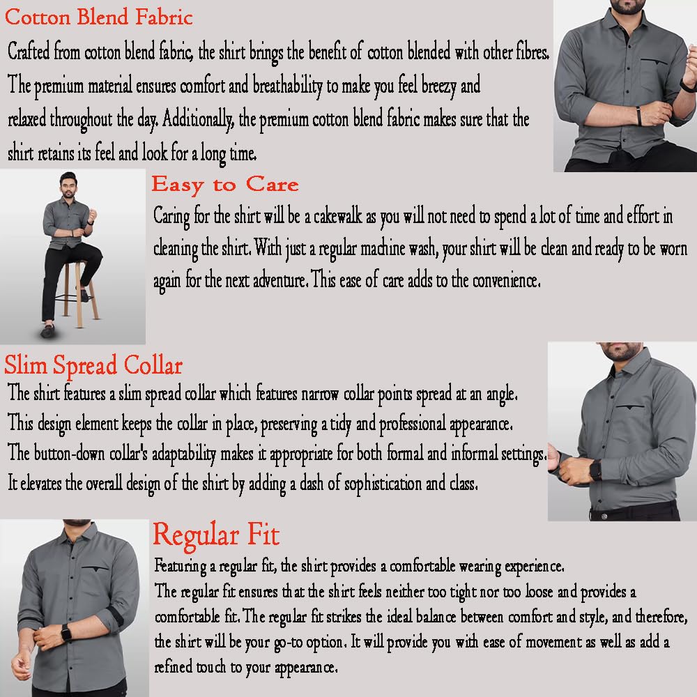 CB-COLEBROOK Men's Regular Fit Solid Soft Touch Cotton Casual Shirt with Pocket Design with Spread Collar & Full Sleeves (Available in Plus Size)