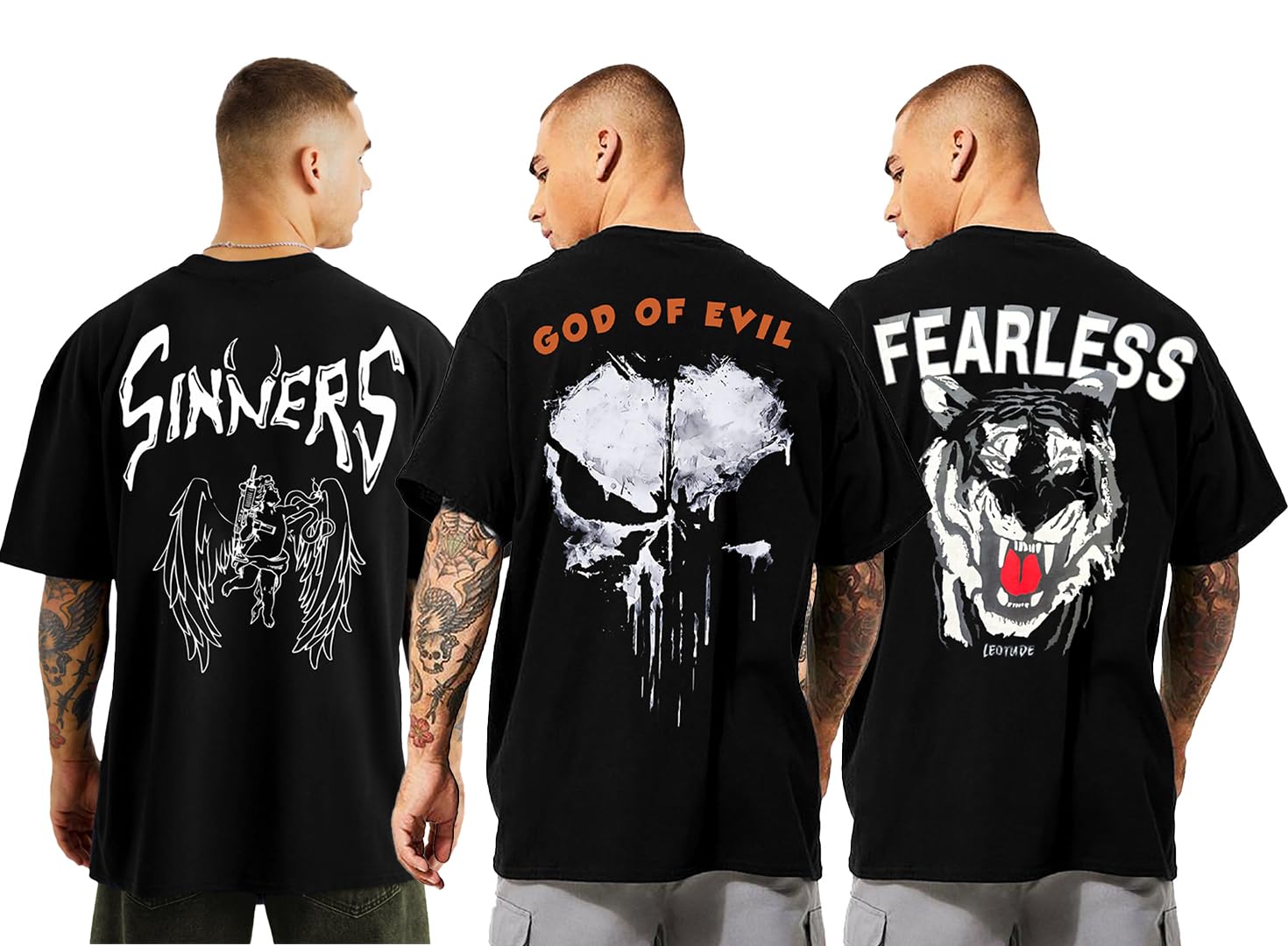 LEOTUDE Men's Cotton Oversized Fit Oversized Tshirt Drop Shoulder ful Printed Combos (Pack of 3)